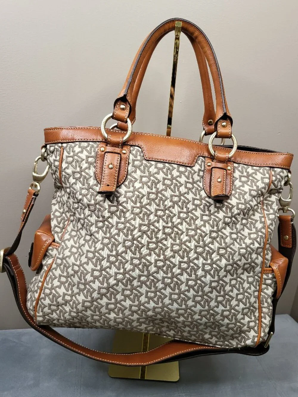 DKNY Signature Logo Jacquard Convertible Shoulder Crossbody Bag Tan Brown